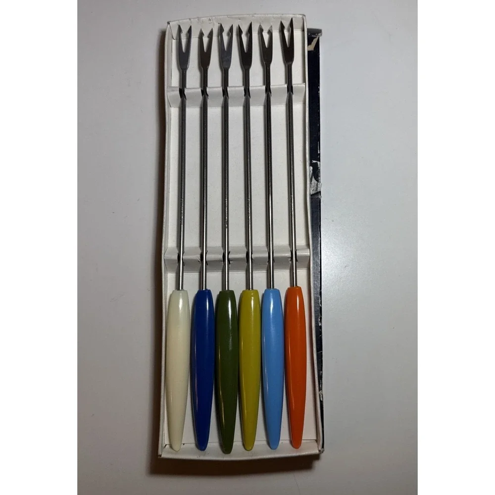 Vintage Fondue‎ Forks / Set of 6 Stainless Steel with Plastic Handles / Japan